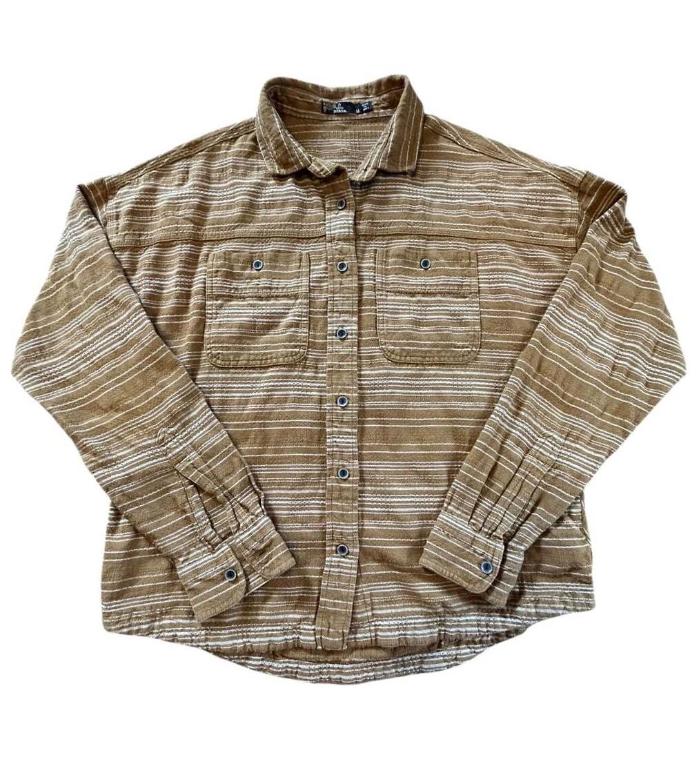 Prana Women's Brown and White Textured Striped Button Up Shirt